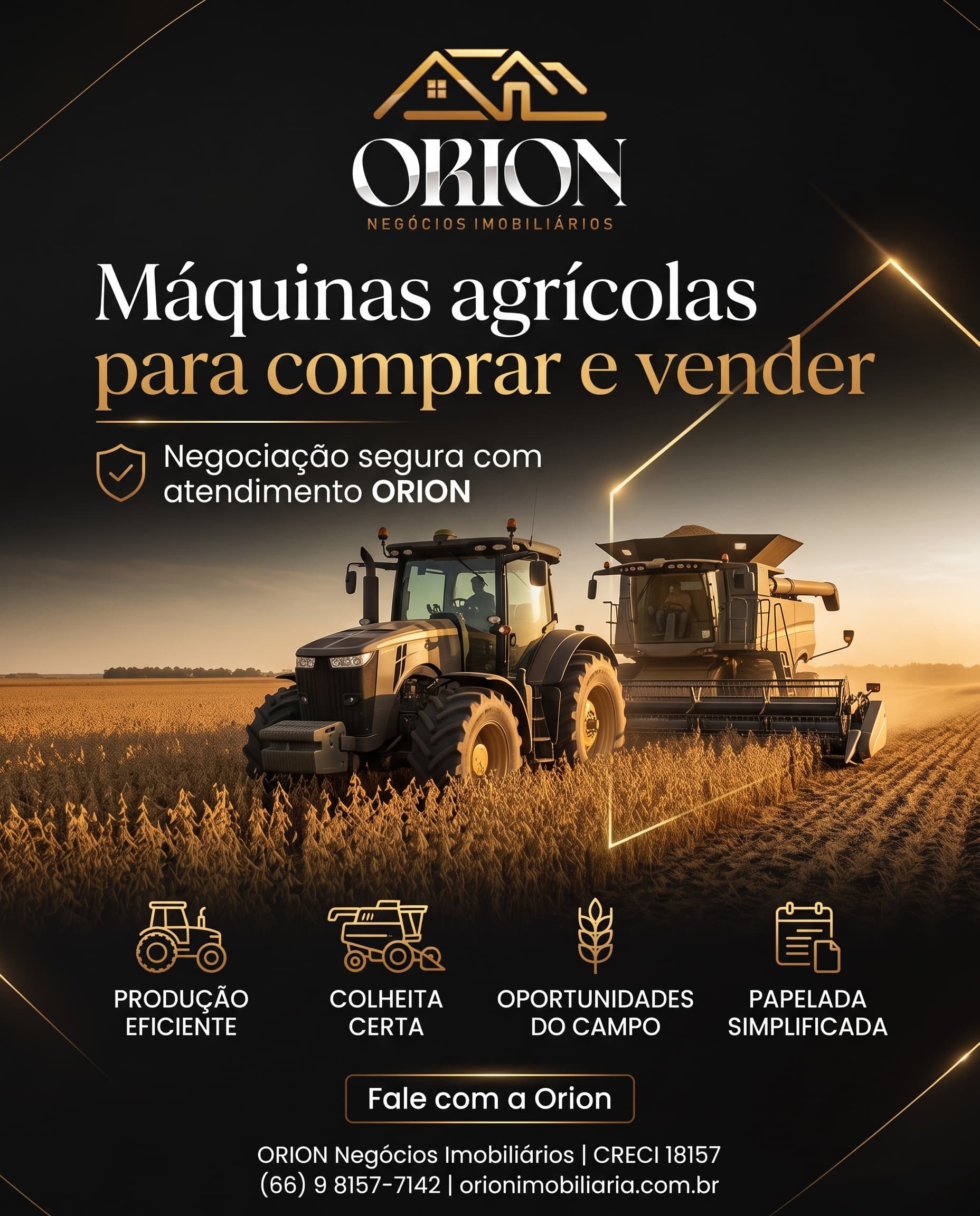 Propaganda da ORION para compra, venda e anuncio de maquinas agricolas.